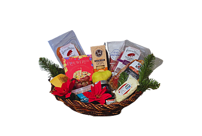 A gourmet office charcuterie basket featuring 99% Colorado-made products, including Ill Porculino Salami and Braeseola, River Bear Lomo, James Ranch Belford Cheese, Yoder Ranch Goat Cheese, Red Camper Mostarda, Jay Primo Fruit Paste, fresh fruit, Marcona 