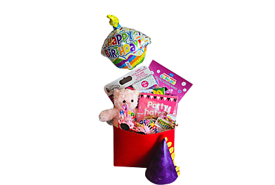 Birthday Activity Gift Basket for Kids featuring birthday popcorn, chocolate, decorated cookie, marshmallows, Disney activity book, coloring book, stickers, party hats, tooters, birthday glasses, and a teddy bear in pink or blue,perfect for boys and gir