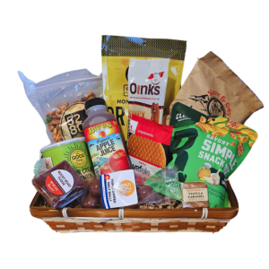 Colorado Small Office Graze and Share Snack Basket with local Colorado-made treats such as Oogie’s popcorn, Denver Chip Co. chips, Gnarly Cookies, Hammond’s Caramels, and Bibamba Chocolate, perfect for sharing in offices or small gathering