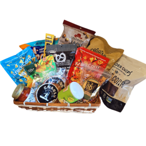 Colorado Medium Office Graze and Share Snack Basket featuring local Colorado-made snacks such as Oogie’s popcorn, Denver Chip Co. chips, Gnarly Cookies, Bibamba Chocolate, and Hammond’s Caramels, perfect for sharing in medium-sized offices.